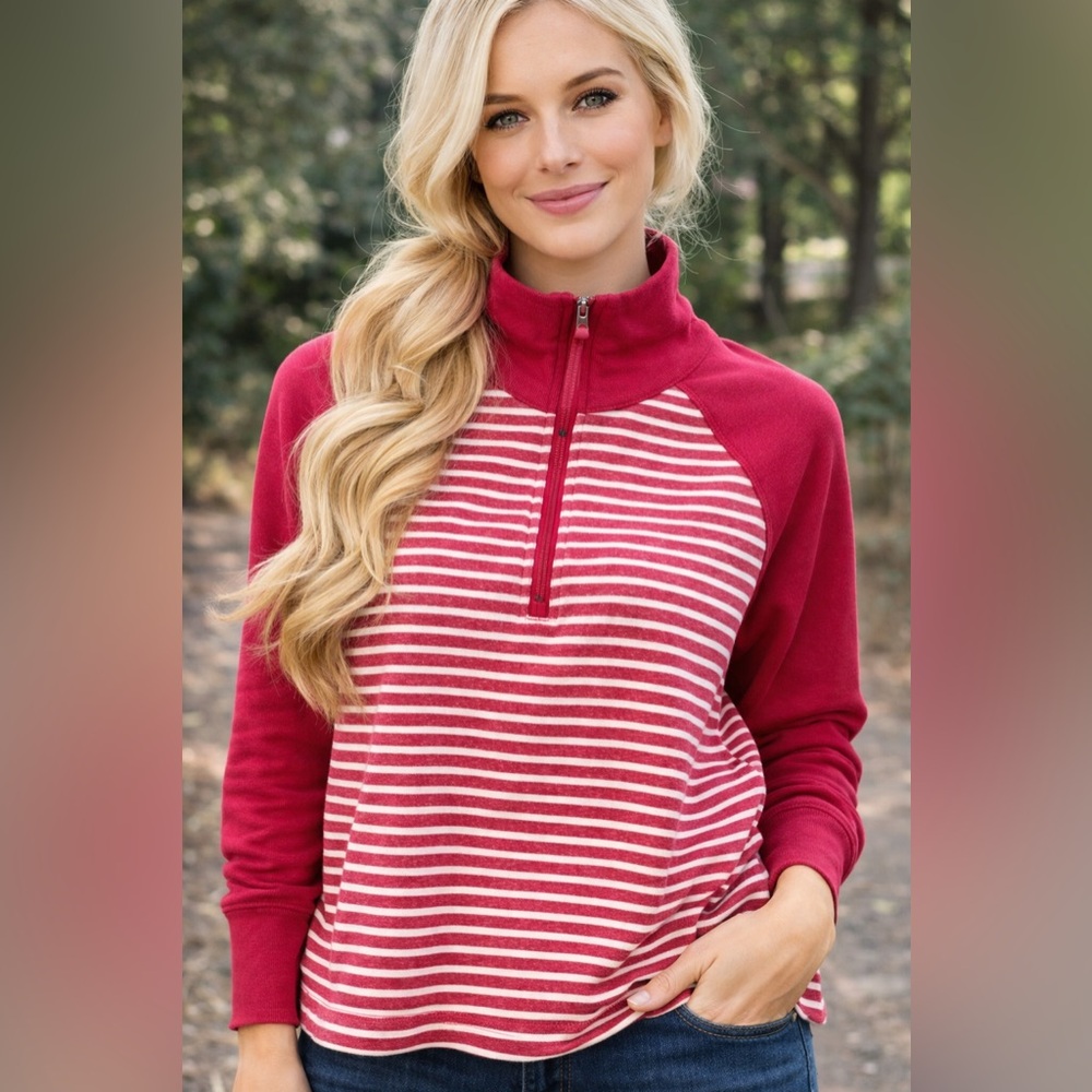 Pilcro Red and White Striped Half-Zip Sweatshirt